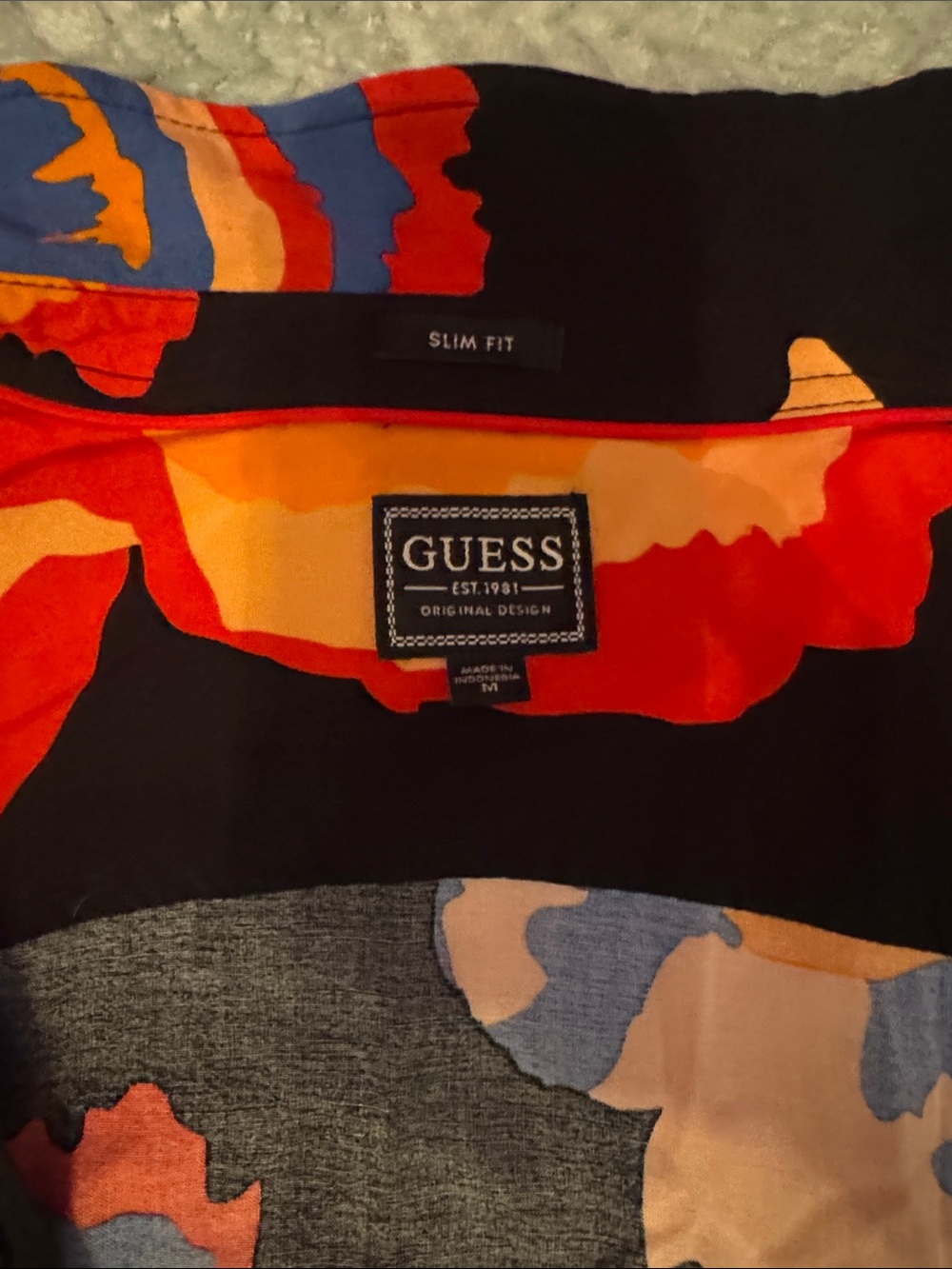 GUESS Slim Fit Floral Top in Black with Red and Orange Accents